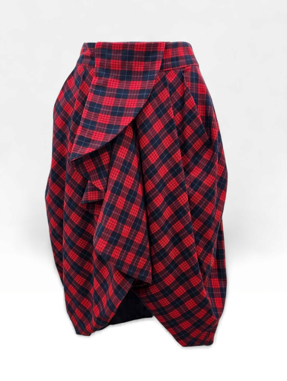 ALEXANDER McQUEEN McQ Wool Blend Red Blue Tartan Plaid Pleated Wrap Skirt 46/12